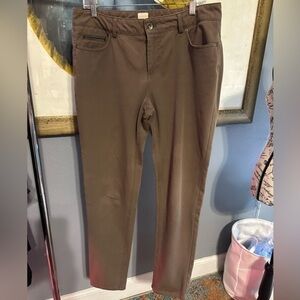 Ecru size 10 dark khaki colored pants. Very soft. Leather accents
